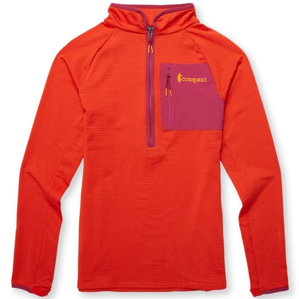 Eco-Friendly Women's Active Pullover showcasing breathable grid back and thumbholes for layering.