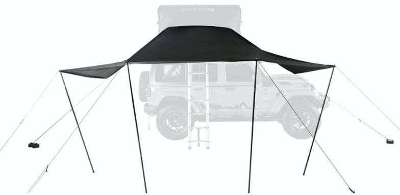 iKamper Awning 3.0 setup beside a rooftop tent, showing sun protection.