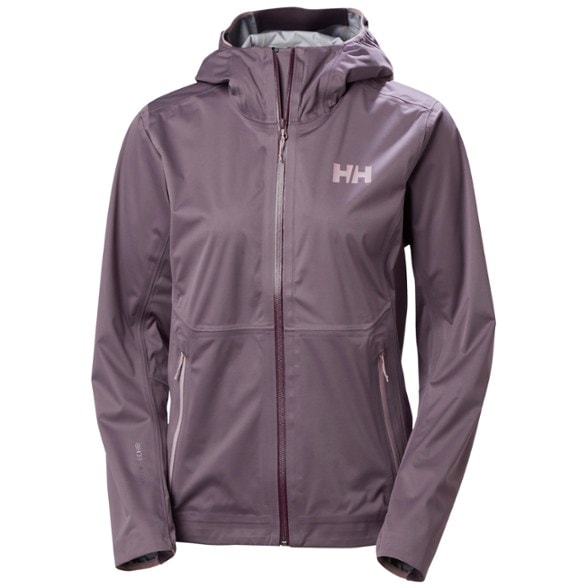 Close-up of the Momentum women's soft shell jacket showing the adjustable hood and pockets.