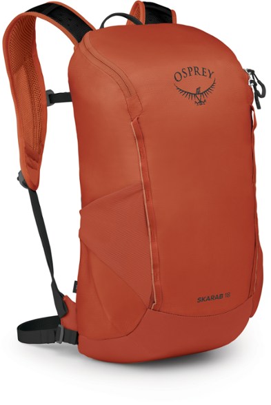 Osprey Skarab 18L hydration pack front view showing compact design and hydration hose