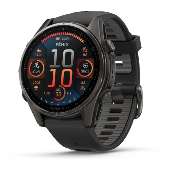 Garmin Fenix 8 AMOLED Sapphire smartwatch displaying GPS tracking during a run.