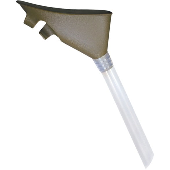 Close-up of female urination device showing funnel shape and flexible tubing