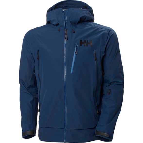 Front view of men's waterproof jacket showing hood and chest pocket detail
