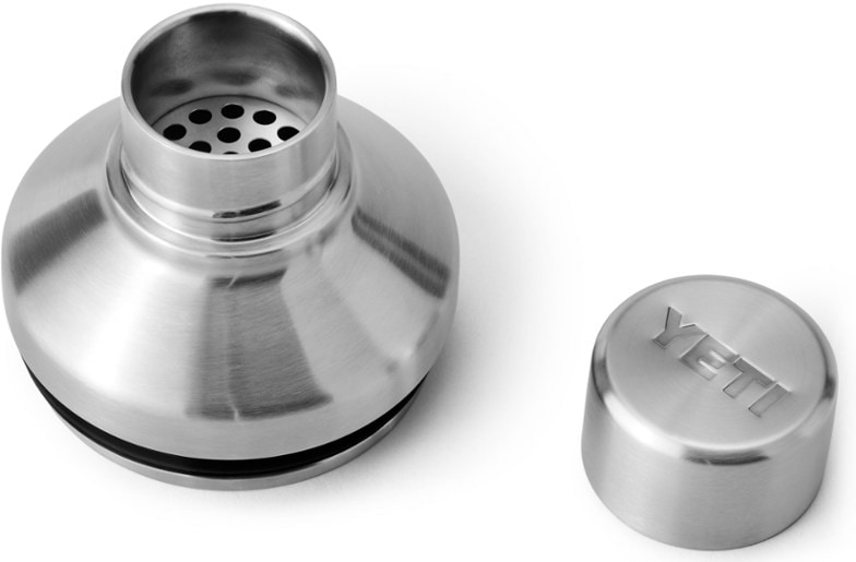 Top-down view of CocktailCraft shaker lid securely fastened to a YETI Rambler with stainless steel texture