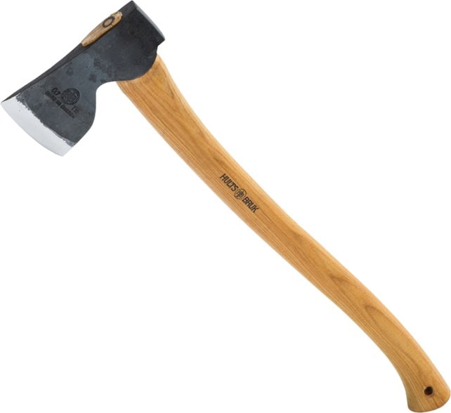 Akka Pro Forester's Axe angled shot showing blade and wooden hickory handle, perfect camping axe for outdoor use
