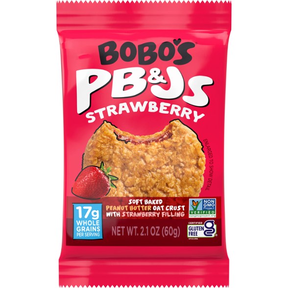 Close-up of Bobo's vegan pb&j snack bar showing whole grain oats and peanut butter filling