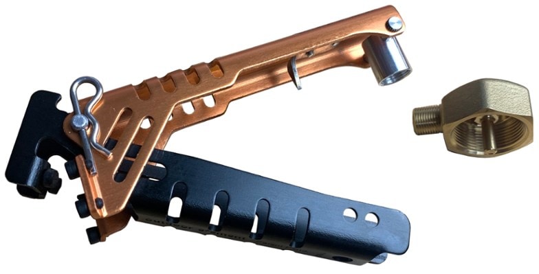 Camping pot gripper with fuel canister adapter, showcasing its ergonomic design and heat-resistant grip.