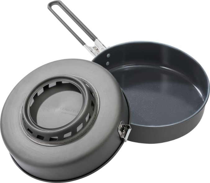 Angled view of the TrailPro camping skillet showing its ceramic interior and compact size