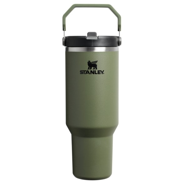 Stanley IceFlow 40 oz vacuum tumbler with flip straw in a gym setting.