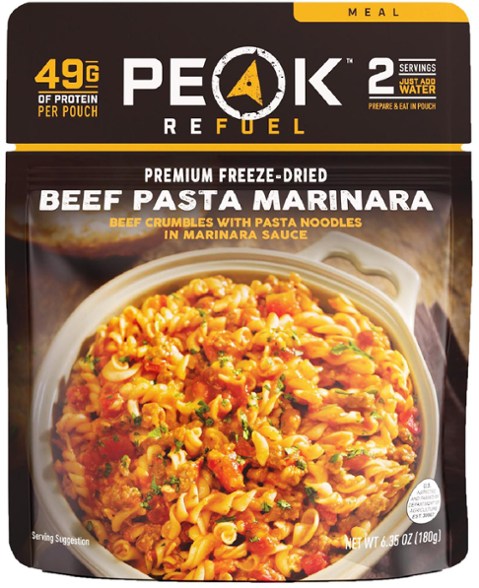 Delicious Beef Pasta Marinara served in a camping bowl, showcasing its hearty texture.