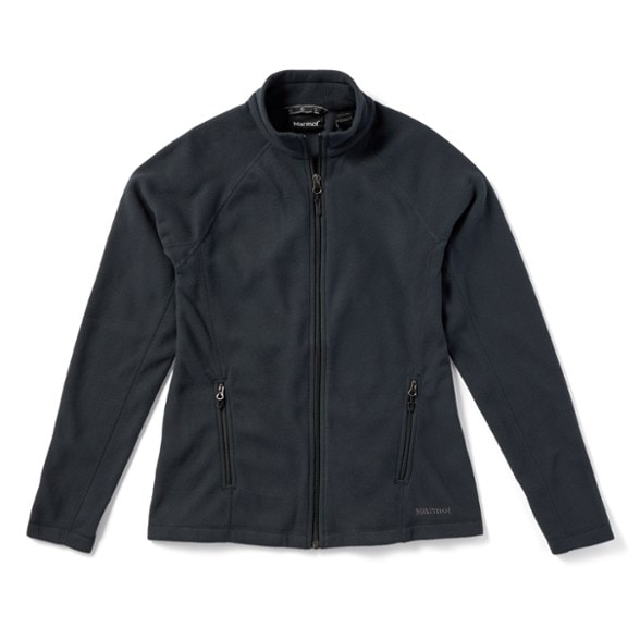 Front view of the eco-friendly women's full-zip fleece jacket showcasing its lightweight design and zippered pockets.