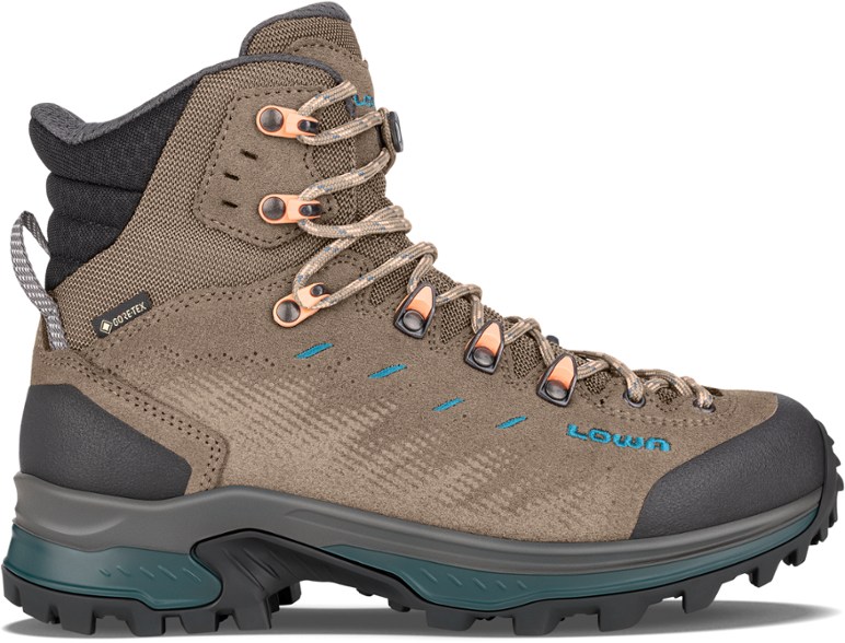 Side view of women's hiking boots showcasing GORE-TEX waterproof membrane and split leather upper for durability
