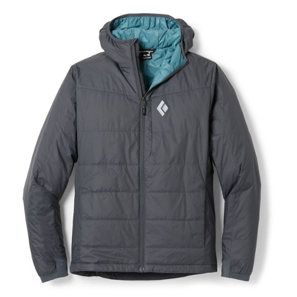 Front view of insulated hoody showing zippered chest pocket and fitted hood