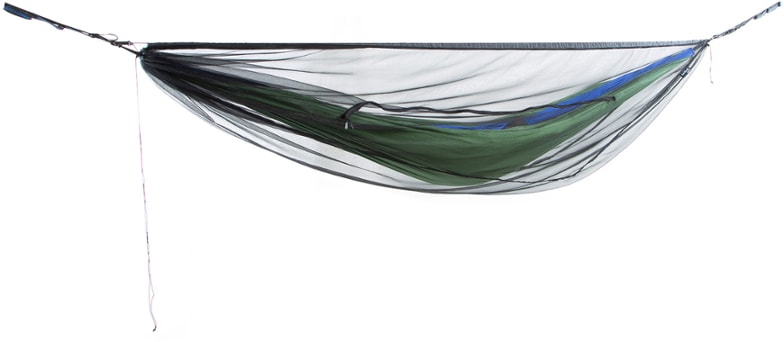 ENO Guardian SL hammock bug net setup in the forest, showing full coverage for bug protection