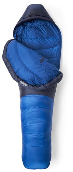 Side view of the Thermotrail HeliumLite 15 sleeping bag showing its mummy shape and compact profile.