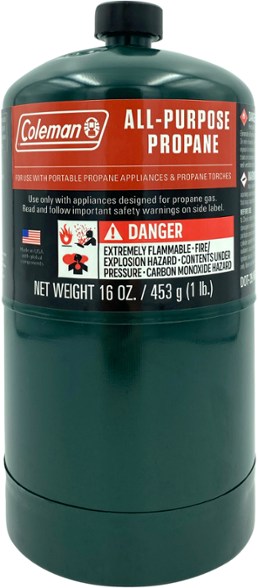 Close-up view of the propane gas cylinder for camping use.