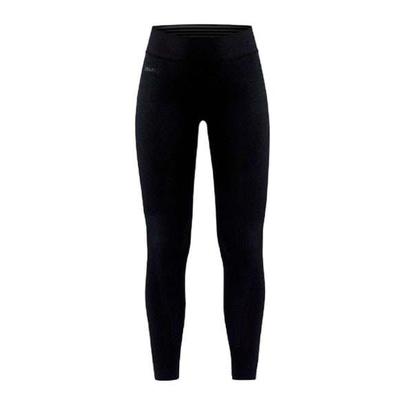 Front view of women's thermal leggings showing flatlocked seams and bodymapped design for winter workouts