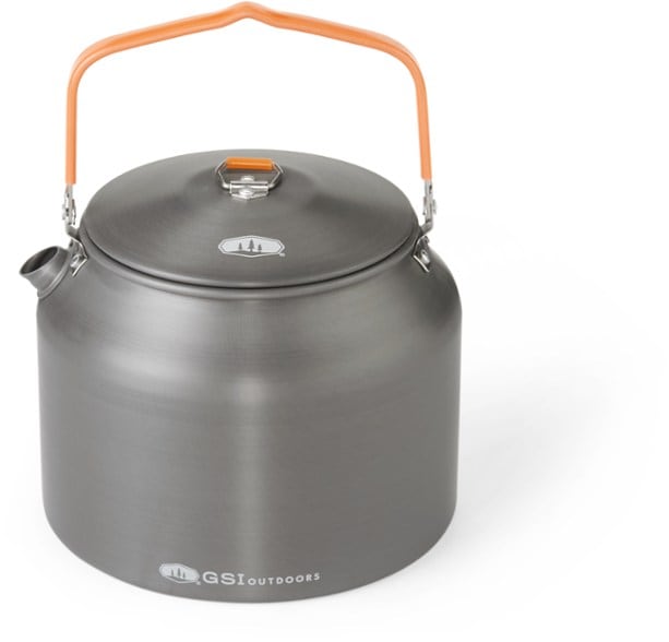 Side view of Halulite Ultralight 1.8L Aluminum Tea Kettle showing compact design and folding handle, perfect lightweight kettle for camping