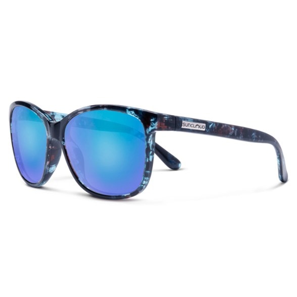 Sashay polarized sunglasses with a blue mirror lens against a sunset backdrop, perfect for outdoor use.