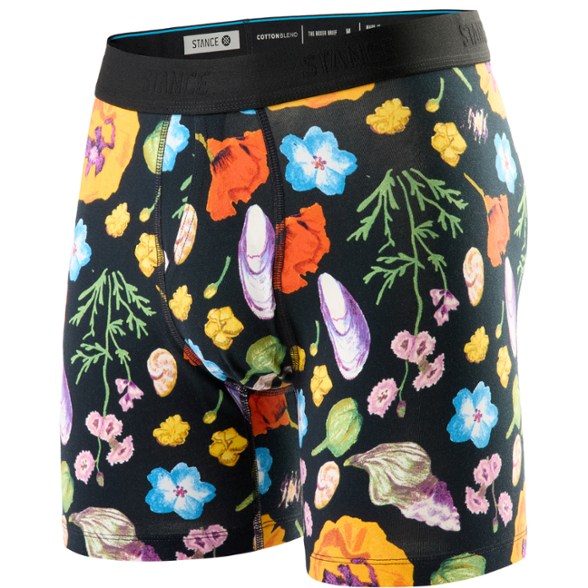 Front angle of Lucias boxer briefs showing floral pattern and fly opening