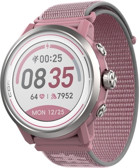 Side view of the COROS APEX 2 in Dusty Pink, showcasing the sapphire screen and titanium bezel.