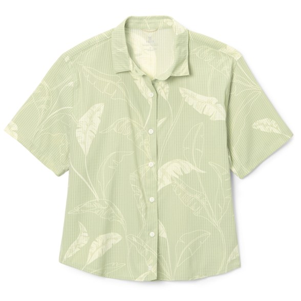 BreezeAway Women's Hiking Shirt displayed outdoors, showcasing its breathable fabric and relaxed fit.