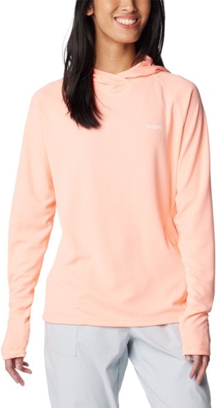 Front view of the women's UPF 50 fishing hoodie, showcasing the moisture-wicking fabric.
