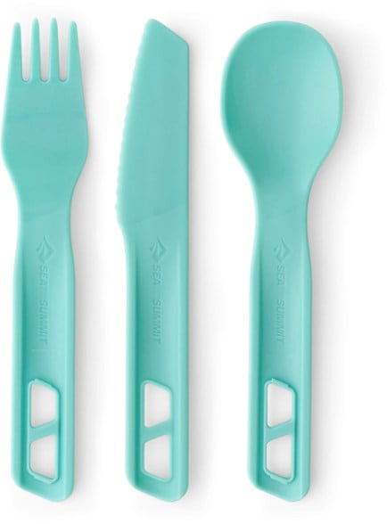 TrailMate compact camping cutlery set with clip-together design showing knife, fork, and spoon neatly nested