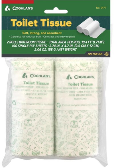 Eco-friendly camping toilet paper roll in a backpack during a hiking trip.