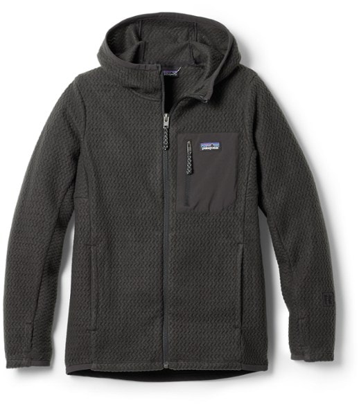 Front view of Patagonia kids fleece hoodie with vibrant colors, perfect for outdoor activities.