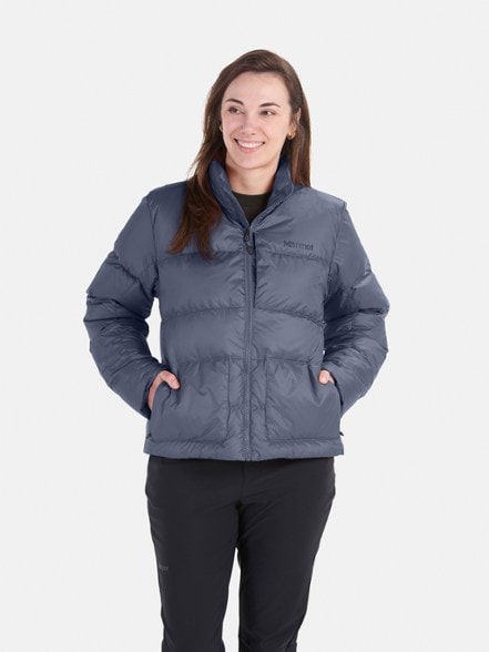 Front view of eco-friendly women's down jacket showcasing its stylish design.