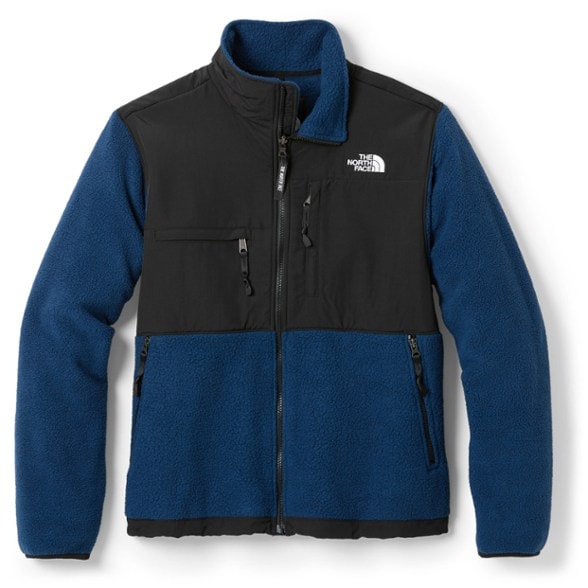 Front view of EcoWarm Retro Denali fleece jacket showcasing durable recycled polyester fabric and zippered pockets