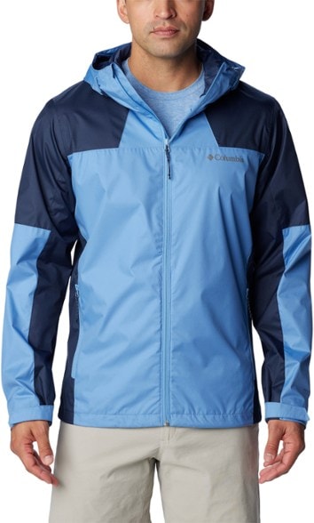 Front view of men's waterproof hiking jacket with adjustable hood and zippered pockets