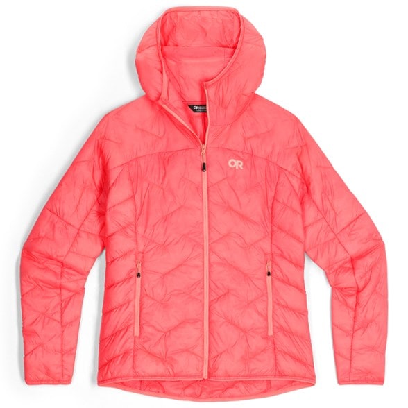 Front view of Women's SuperStrand LT Insulated Packable Hoodie in pink, showcasing its stylish design and features.