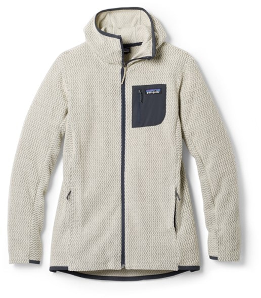 Front view of the women's Patagonia R1 Air Alpine Hoody in charcoal gray, showing full-zip closure and slim fit