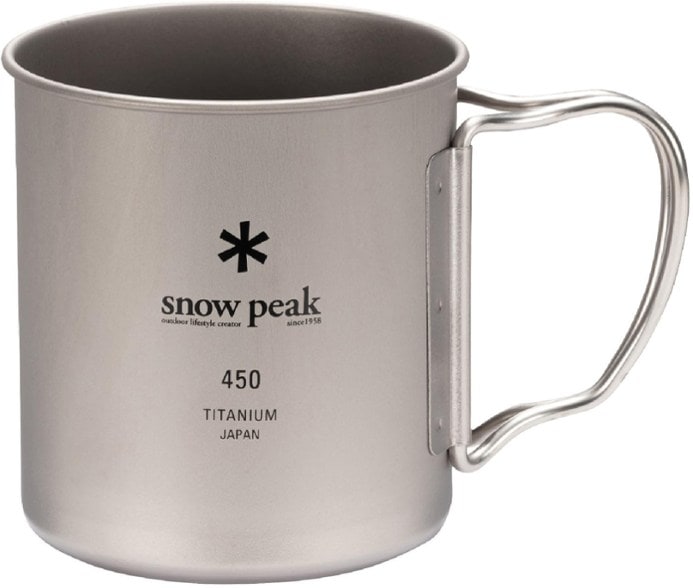 Snow Peak Titanium 450 Cup showcasing its lightweight design and two folding handles for easy packing.
