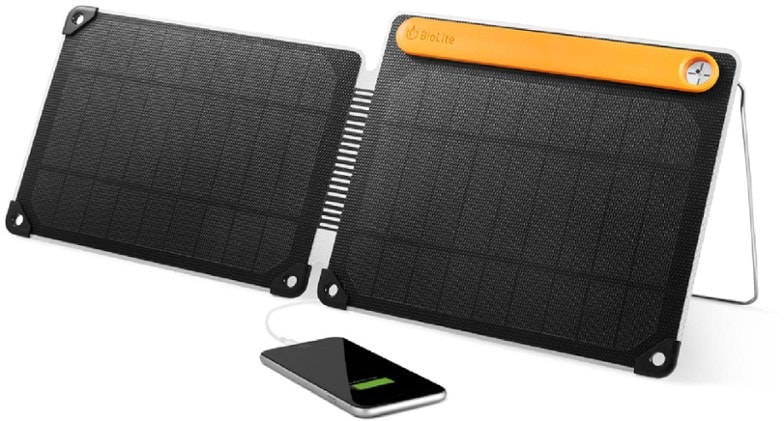 EcoCharge Solar Panel 10+ in use during hiking, showing its portability and functionality.
