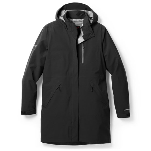 Front view of women's rain jacket styled for urban use in light rain