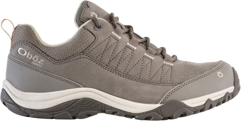 Side view of Ousel Low women's waterproof hiking shoes in brown nubuck leather and breathable mesh