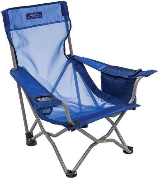Front view of the AdventureReady Portable Beach Chair with Cooler set up on the beach.