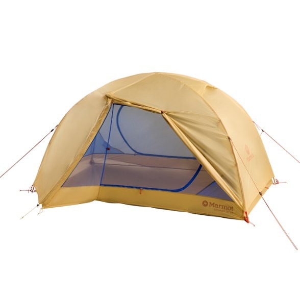 Marmot Limelight ultralight 2-person tent, showing two doors and vestibules in a forest setting.