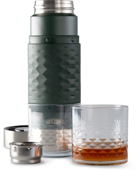 Adventure-Ready Insulated Cocktail Set displayed with flask and tumblers in a camping setting.