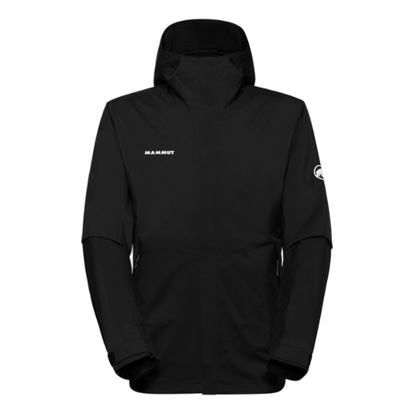 Front view of men's Alto HS EcoShield Rain Jacket showing adjustable hood and waterproof shell in action