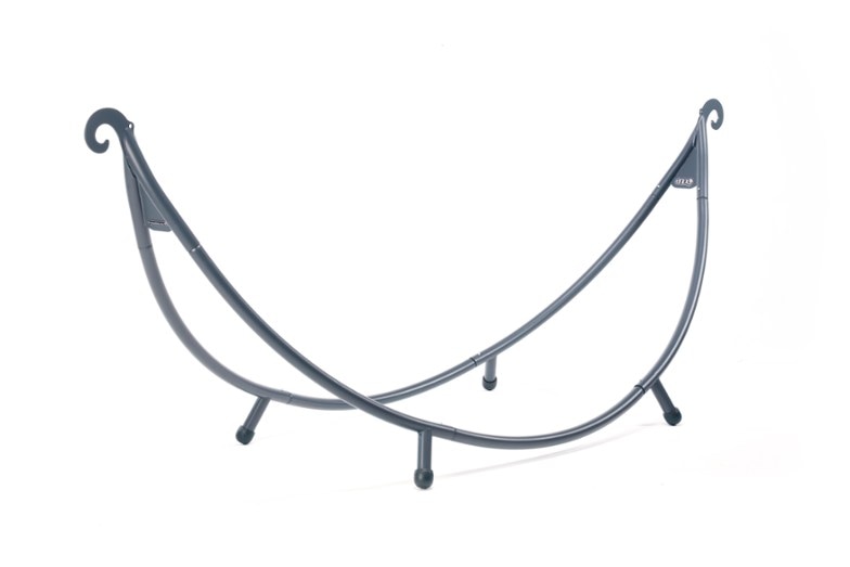 Hammock Haven SoloPod Stand set up at a campsite, showcasing its elegant design.