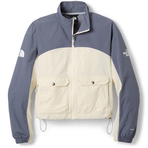 Front view of Boreas Breeze women's hiking jacket showing zippered cargo pockets and adjustable waist cinch