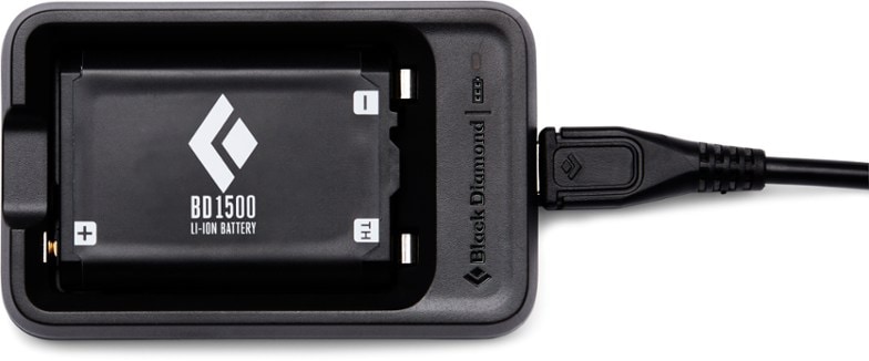 Black Diamond 1500mAh rechargeable battery kit showcasing its lightweight design for easy outdoor use.