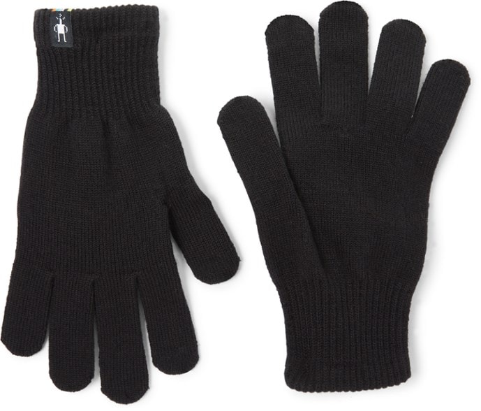 Close-up of Smartwool MerinoTouch liner gloves showing fine knit texture and rib-knit cuff with merino wool gloves