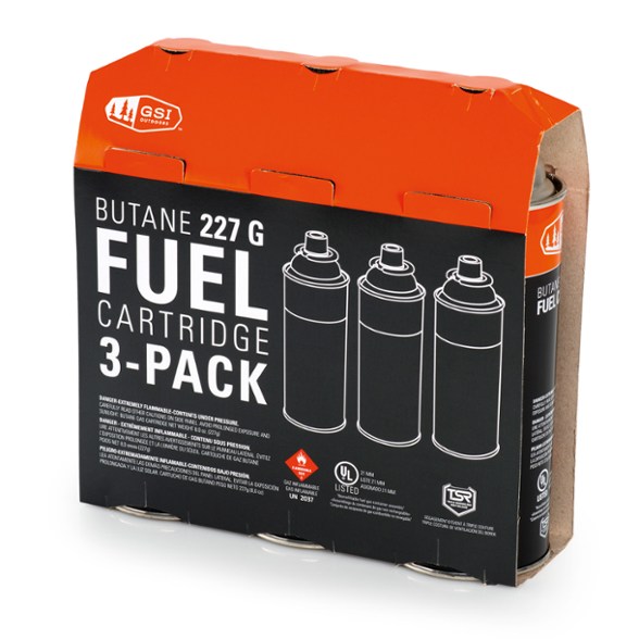 Close-up of premium butane fuel cartridge pack for camping use.