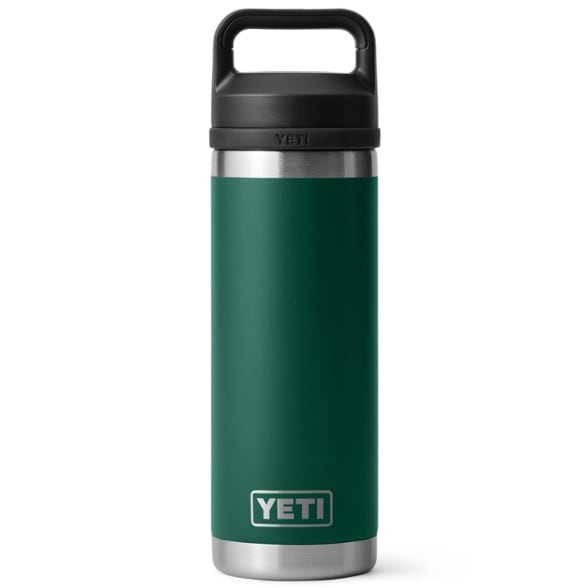 YETI Chug Cap vacuum bottle from a side angle, highlighting the stainless steel finish and Chug cap.