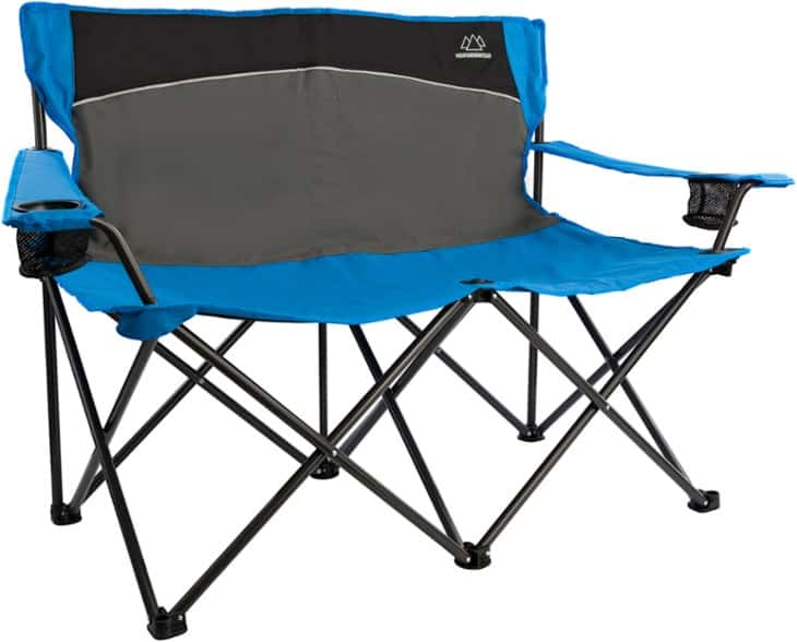 Mountain Summit Gear loveseat outdoors with cup holder, perfect for camping.